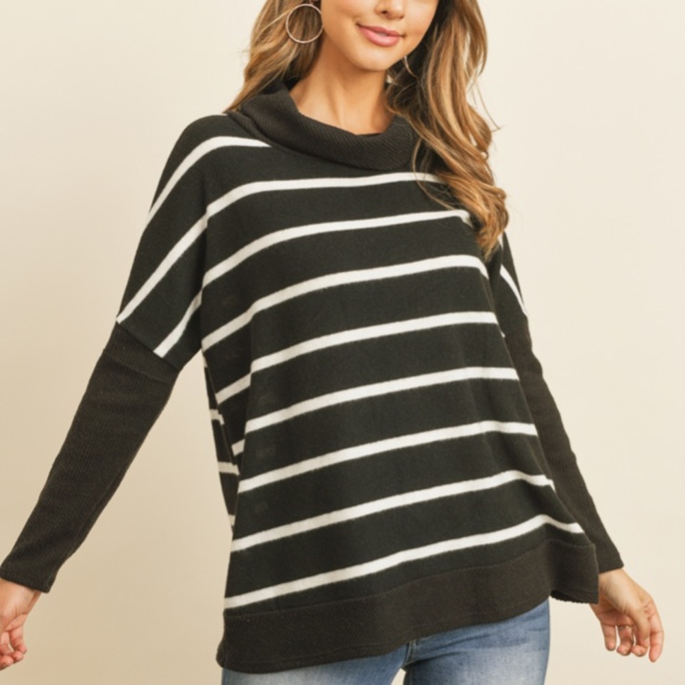 NEW Black White Stripe Cowl Neck Sweater Top - Picture 2 of 5